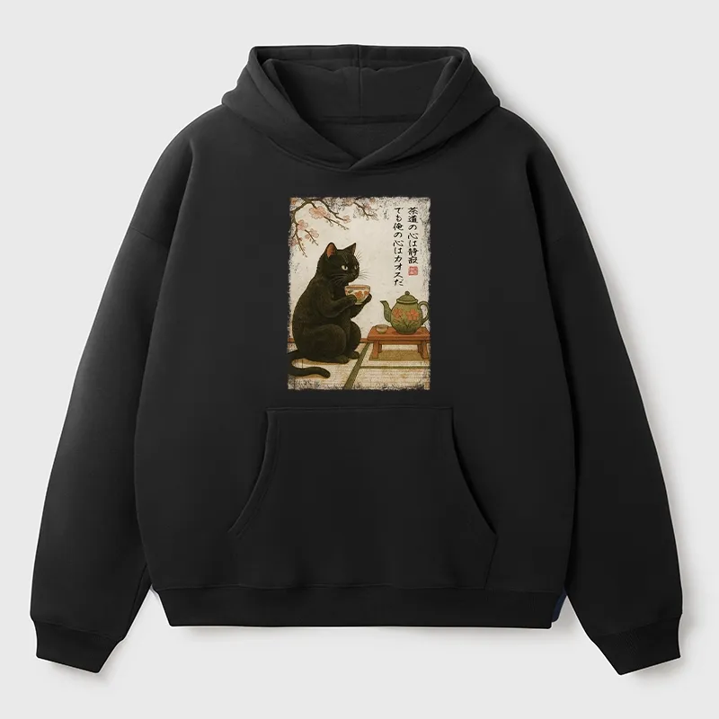 Tokyo-Tiger Tea Time With A Black Cat Aldult Fleece Hoodie