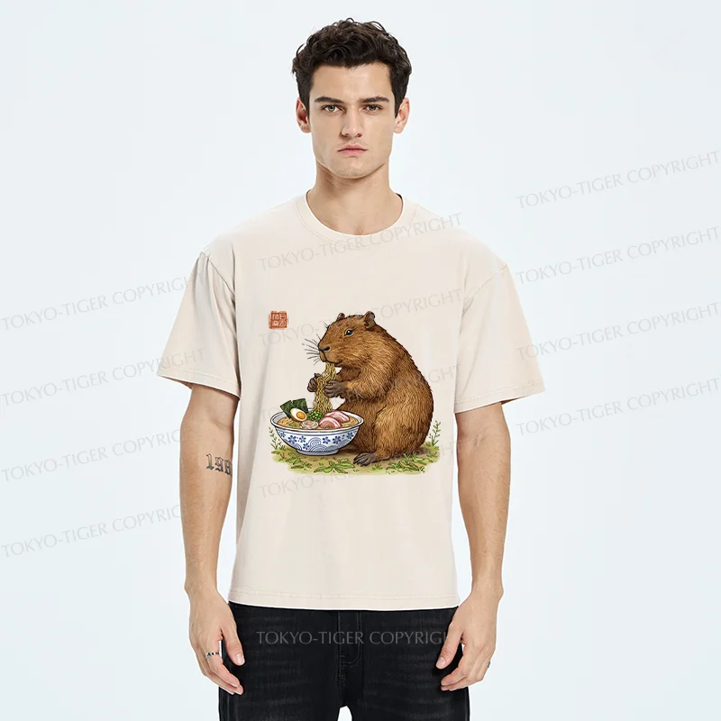 Tokyo-Tiger Capybara Eating Delicious Ramen Washed T-Shirt