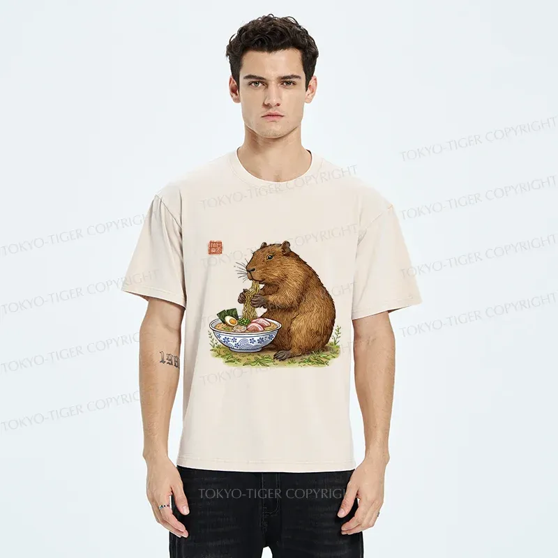 Tokyo-Tiger Capybara Eating Delicious Ramen Washed T-Shirt