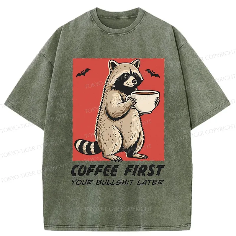 Tokyo-Tiger Raccoon Drinking Coffee Washed T-Shirt