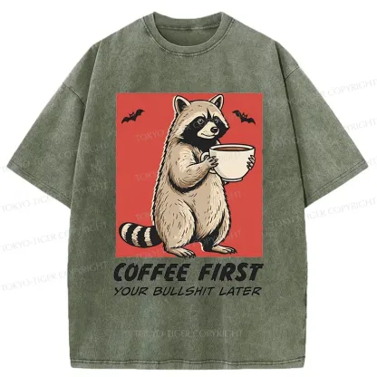 Tokyo-Tiger Raccoon Drinking Coffee Washed T-Shirt