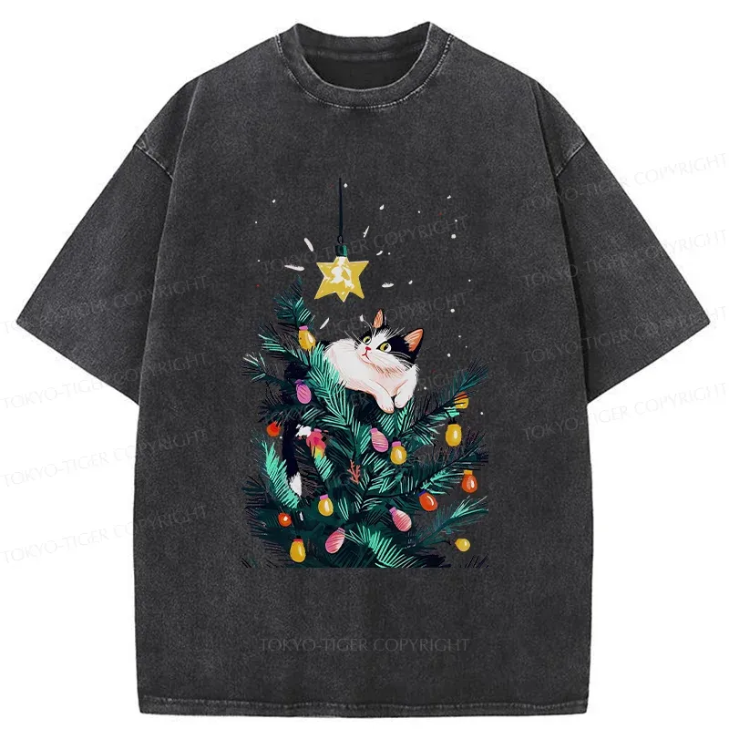 Tokyo-Tiger Cute Christmas Cat Washed T-Shirt