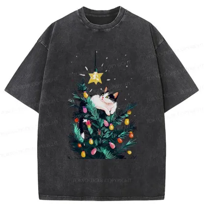 Tokyo-Tiger Cute Christmas Cat Washed T-Shirt