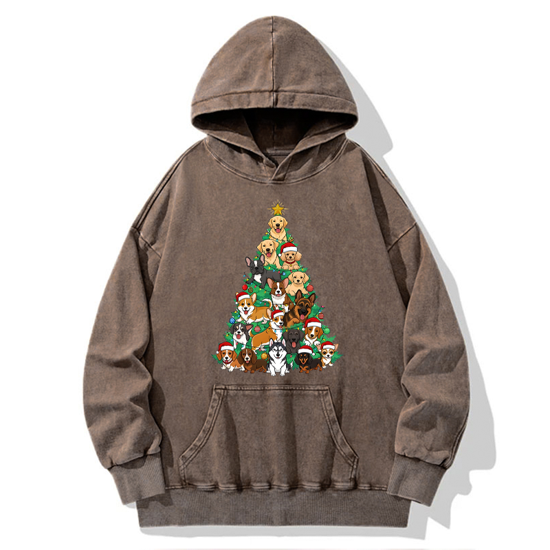 Tokyo-Tiger Christmas Tree Dog Funny Washed Hoodie