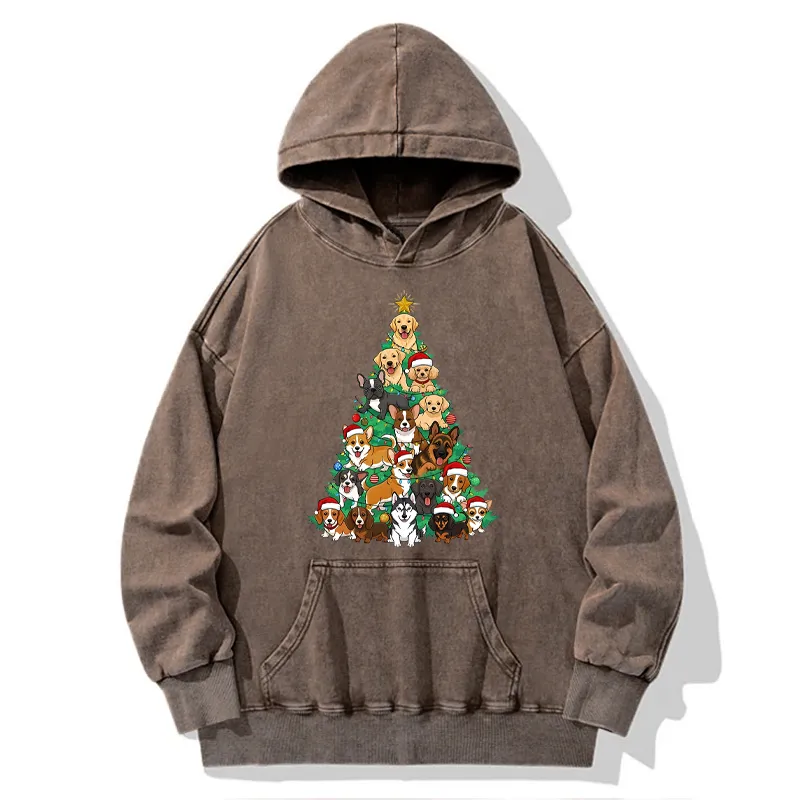 Tokyo-Tiger Christmas Tree Dog Funny Washed Hoodie