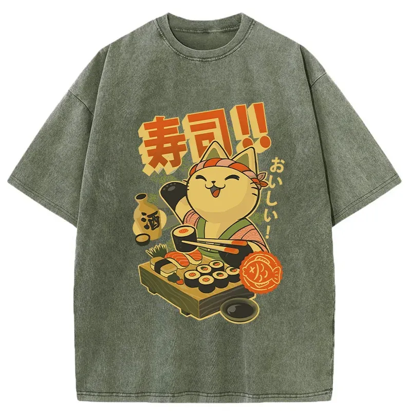 Tokyo-Tiger Cat Chef Special Sushi Washed T-Shirt