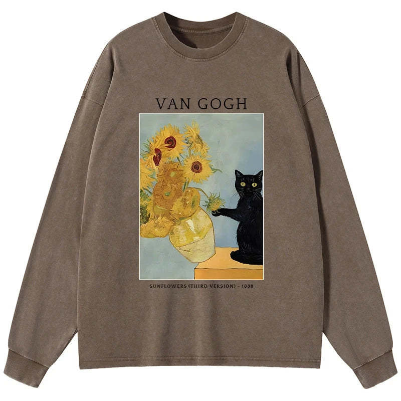 Tokyo-Tiger Black Cat With Sunflowers Washed Long Sleeve T-Shirt