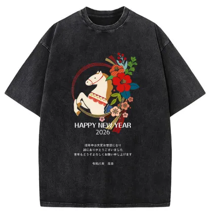 Tokyo-Tiger Happy New Year Fire Horse Washed T-Shirt