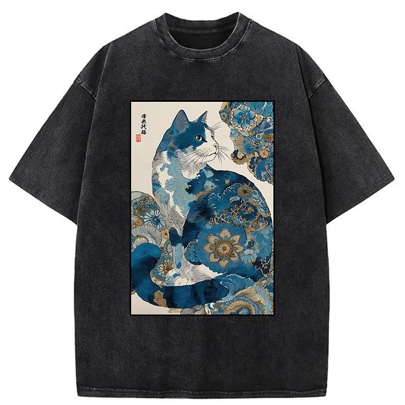 Tokyo-Tiger Japanese Ukiyo-e Flowers Cat Washed T-Shirt