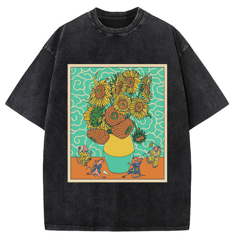 Tokyo-Tiger Japanese Mouse Dancing Sunflower Washed T-Shirt