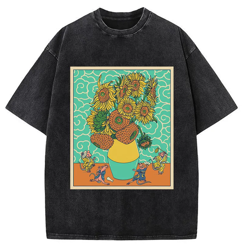 Tokyo-Tiger Japanese Mouse Dancing Sunflower Washed T-Shirt