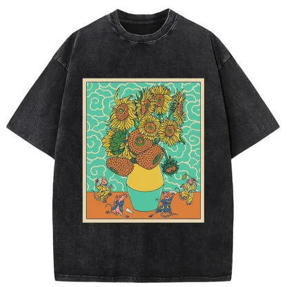 Tokyo-Tiger Japanese Mouse Dancing Sunflower Washed T-Shirt