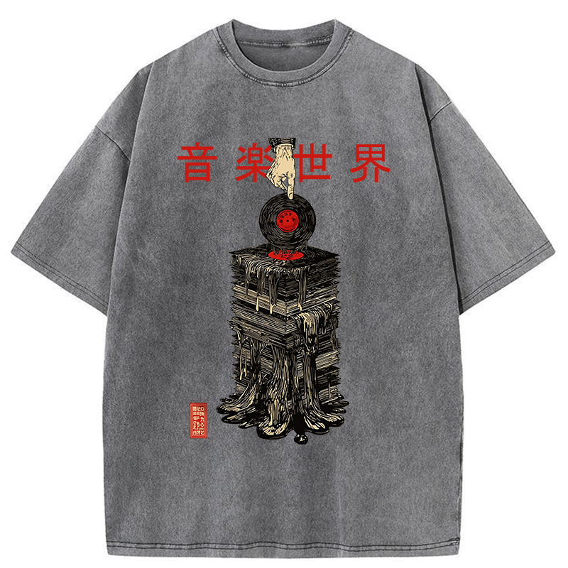 Tokyo-Tiger Retro Music Records Washed T-Shirt