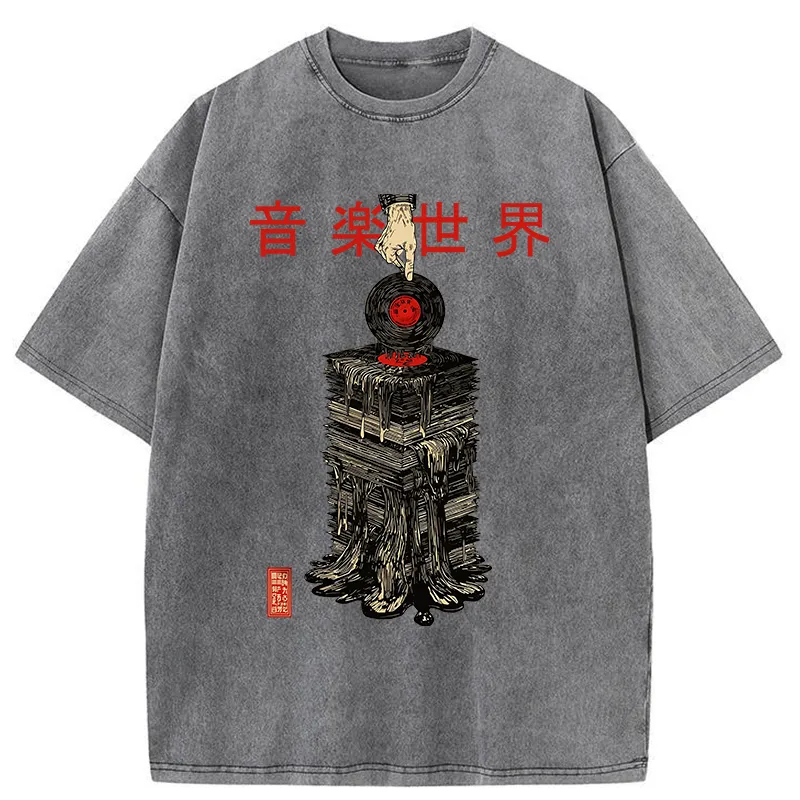 Tokyo-Tiger Retro Music Records Washed T-Shirt