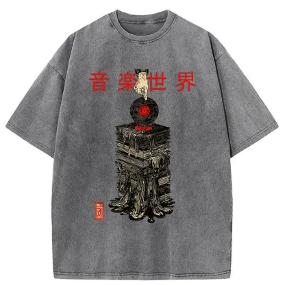 Tokyo-Tiger Retro Music Records Washed T-Shirt