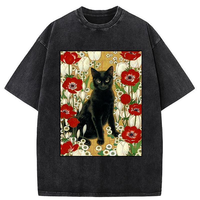 Tokyo-Tiger Black Cat In The Garden Washed T-Shirt