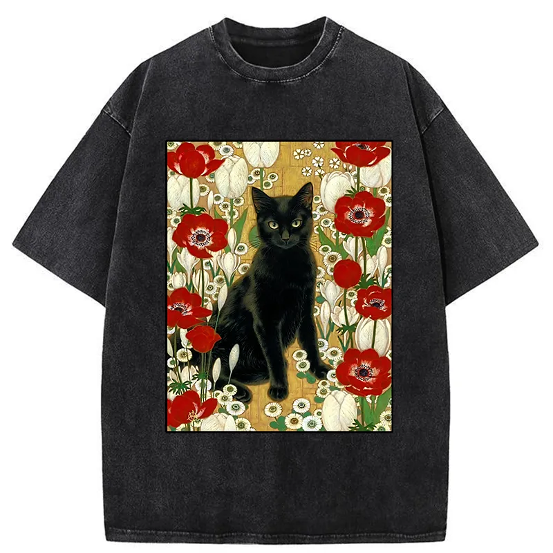 Tokyo-Tiger Black Cat In The Garden Washed T-Shirt