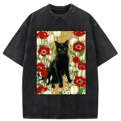 Tokyo-Tiger Black Cat In The Garden Washed T-Shirt