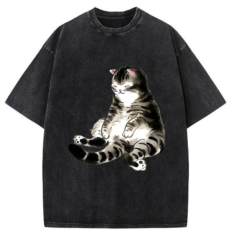 Tokyo-Tiger Ink Painting Cute Cat Washed T-Shirt