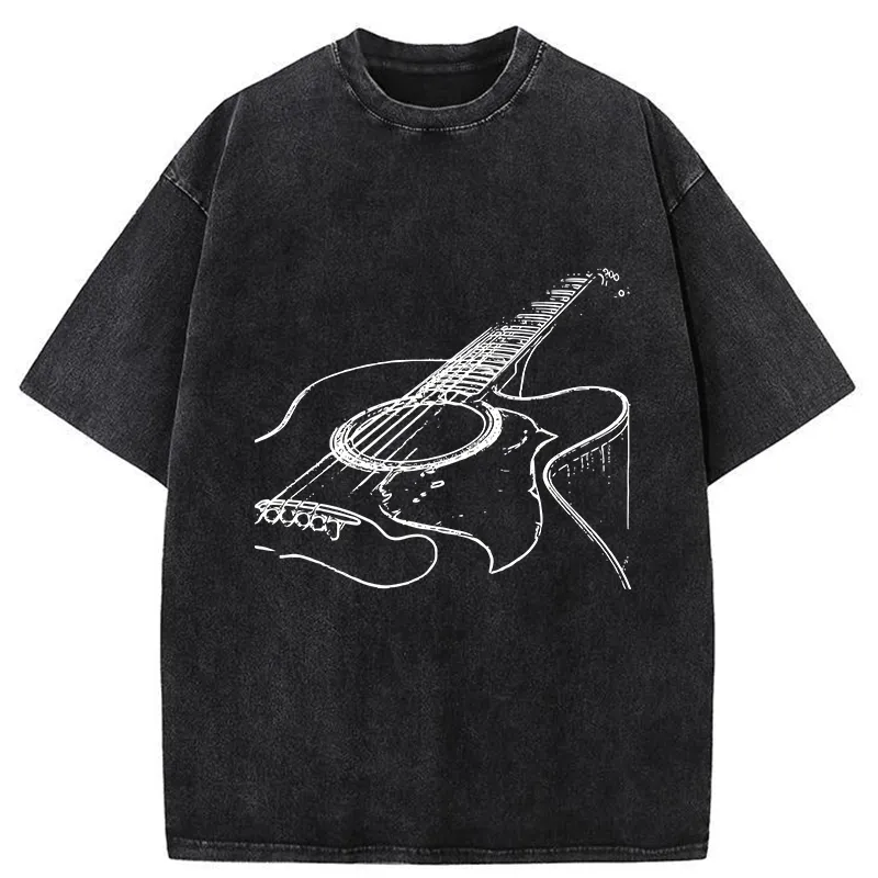 Tokyo-Tiger Guitar Line Art Washed T-Shirt