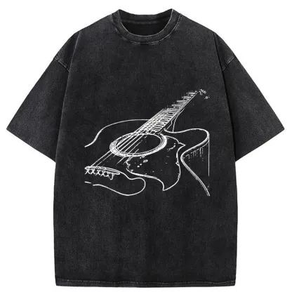 Tokyo-Tiger Guitar Line Art Washed T-Shirt