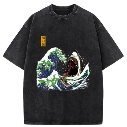 Tokyo-Tiger The Great Wave Ukiyoe Shark Washed T-Shirt