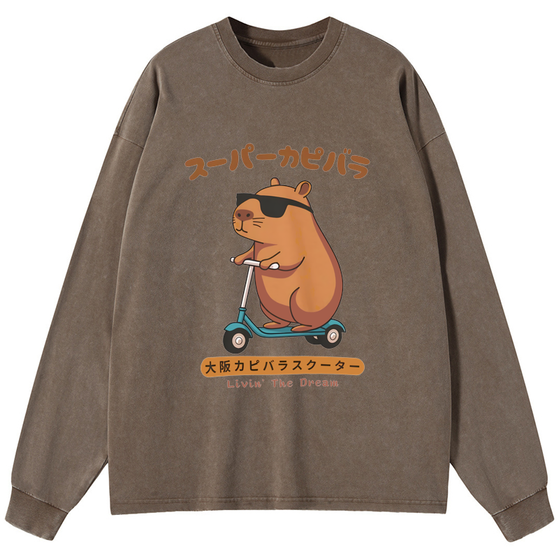 Tokyo-Tiger Osaka Capybara Scooter Washed Long Sleeve T-Shirt