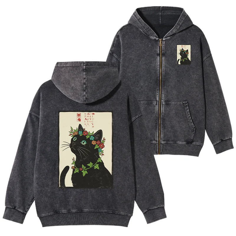 Tokyo-Tiger The Flower-Crowned Cat Washed Zip Hoodie