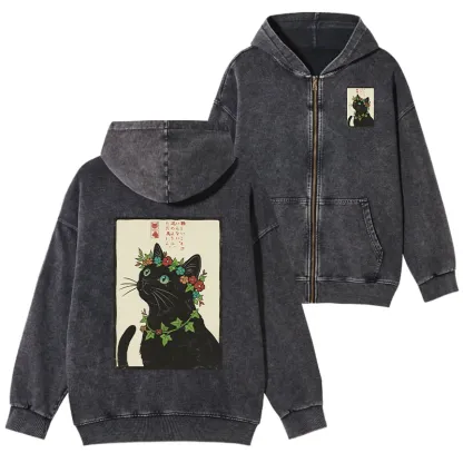 Tokyo-Tiger The Flower-Crowned Cat Washed Zip Hoodie