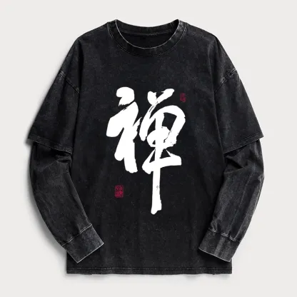 Tokyo-Tiger Japanese Zen Kanji Washed Double Layer T-Shirt