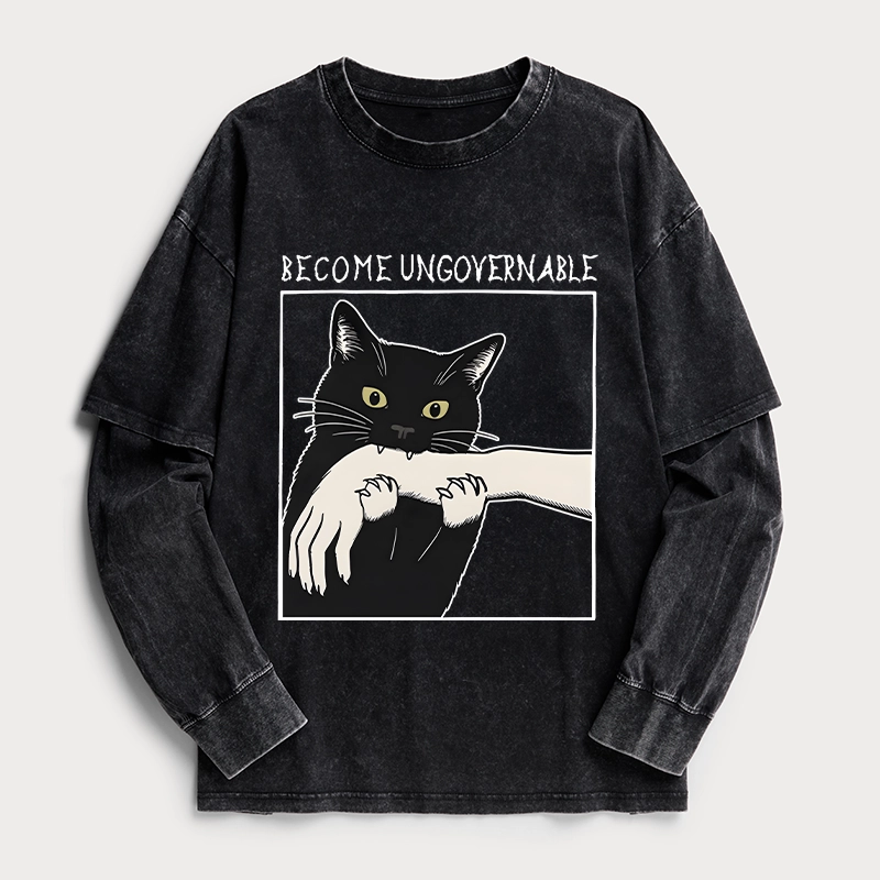 Tokyo-Tiger Black Cat Biting Washed Double Layer T-Shirt