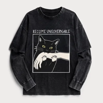 Tokyo-Tiger Black Cat Biting Washed Double Layer T-Shirt