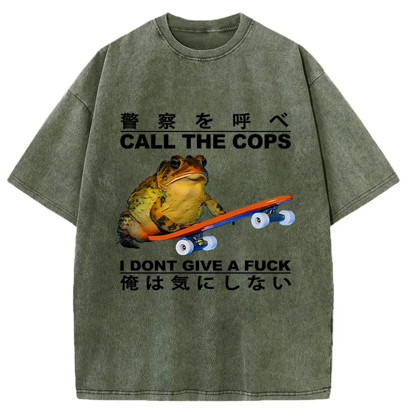 Tokyo-Tiger Funny Frog On Skateboard Washed T-Shirt