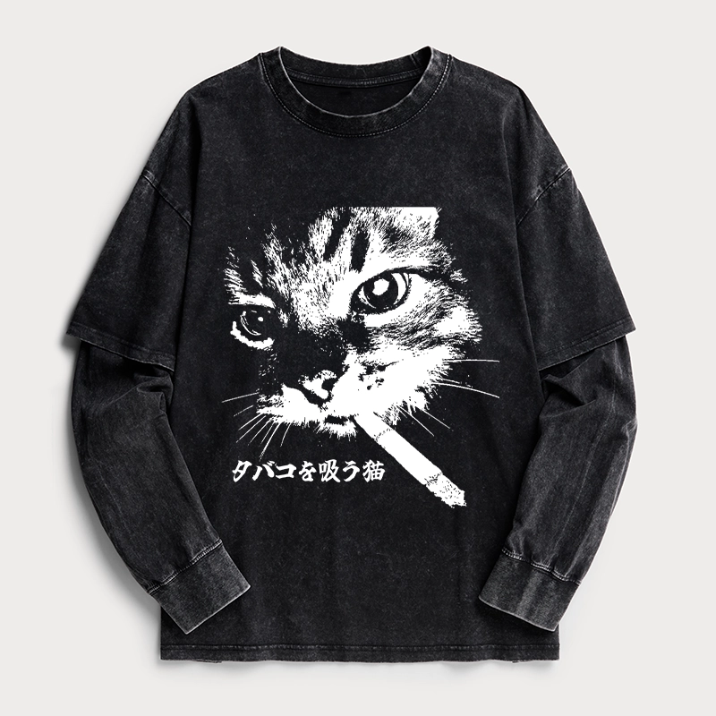 Tokyo-Tiger Retro Cat Smoking Washed Double Layer T-Shirt
