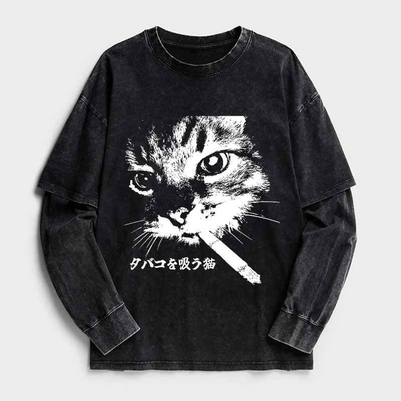Tokyo-Tiger Retro Cat Smoking Washed Double Layer T-Shirt