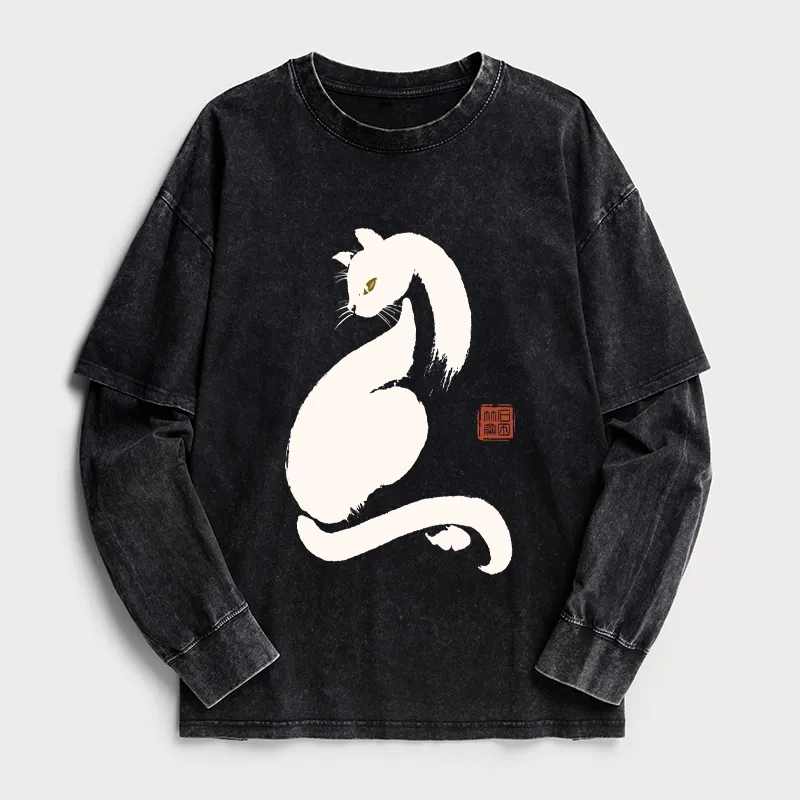 Tokyo-Tiger Elegant Black Cat Japan Washed Double Layer T-Shirt
