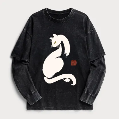 Tokyo-Tiger Elegant Black Cat Japan Washed Double Layer T-Shirt