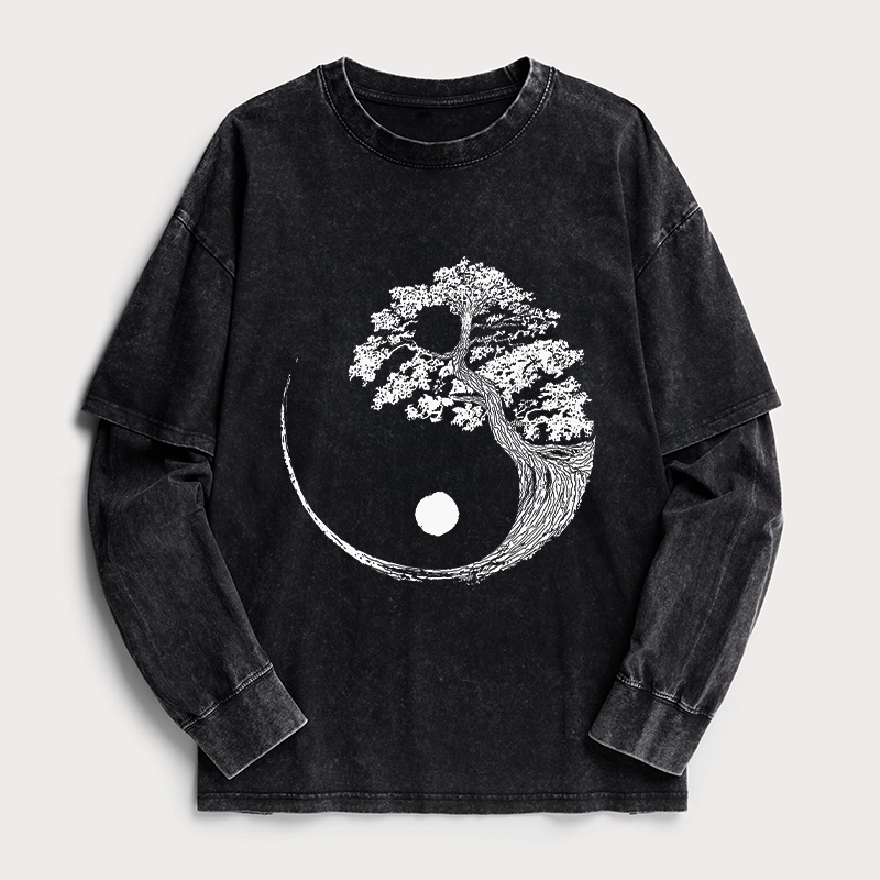 Tokyo-Tiger Yin-Yang Tai Chi Tree Washed Double Layer T-Shirt