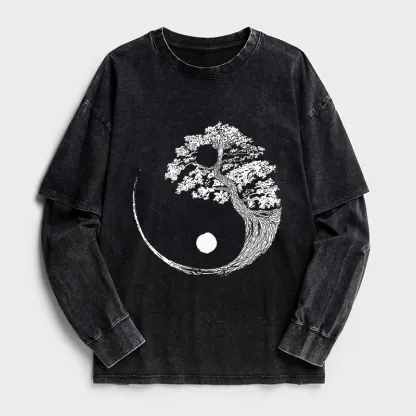 Tokyo-Tiger Yin-Yang Tai Chi Tree Washed Double Layer T-Shirt