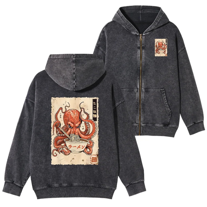 Tokyo-Tiger Retro Octopus Eating Ramen Washed Zip Hoodie