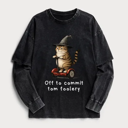 Tokyo-Tiger Orange Cat Riding Segway-style Washed Double Layer T-Shirt