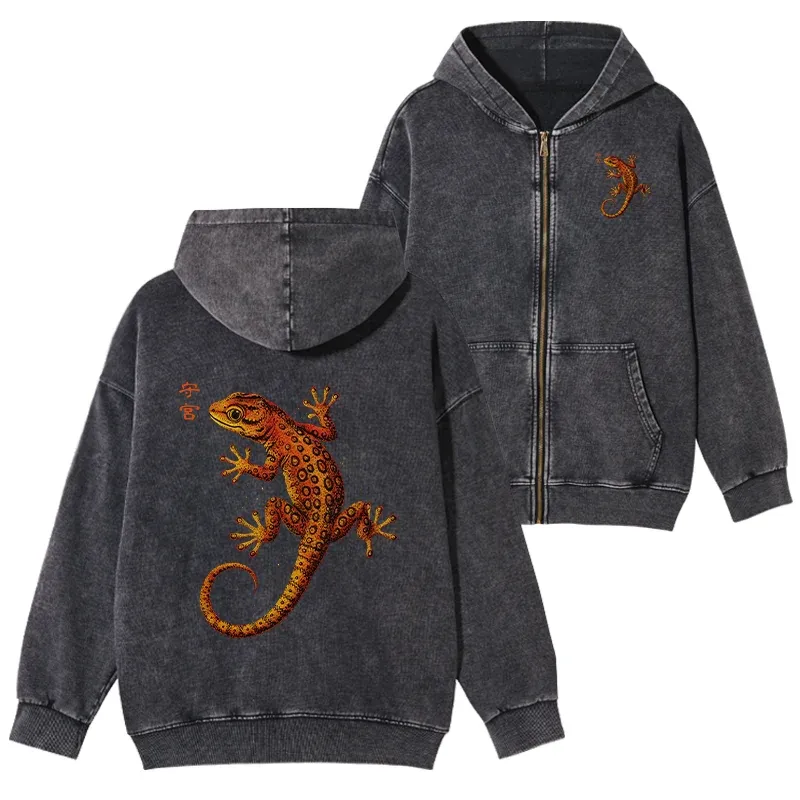 Tokyo-Tiger Retro Gecko Funny Washed Zip Hoodie