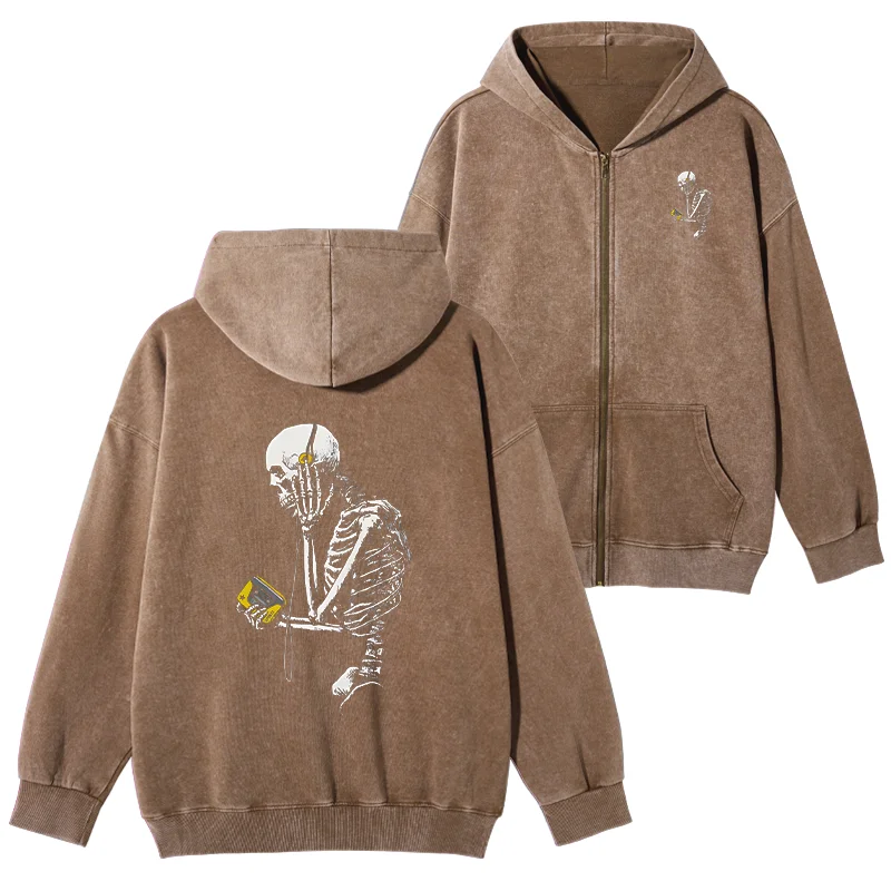 Tokyo-Tiger Skeleton Listening To Music Washed Zip Hoodie