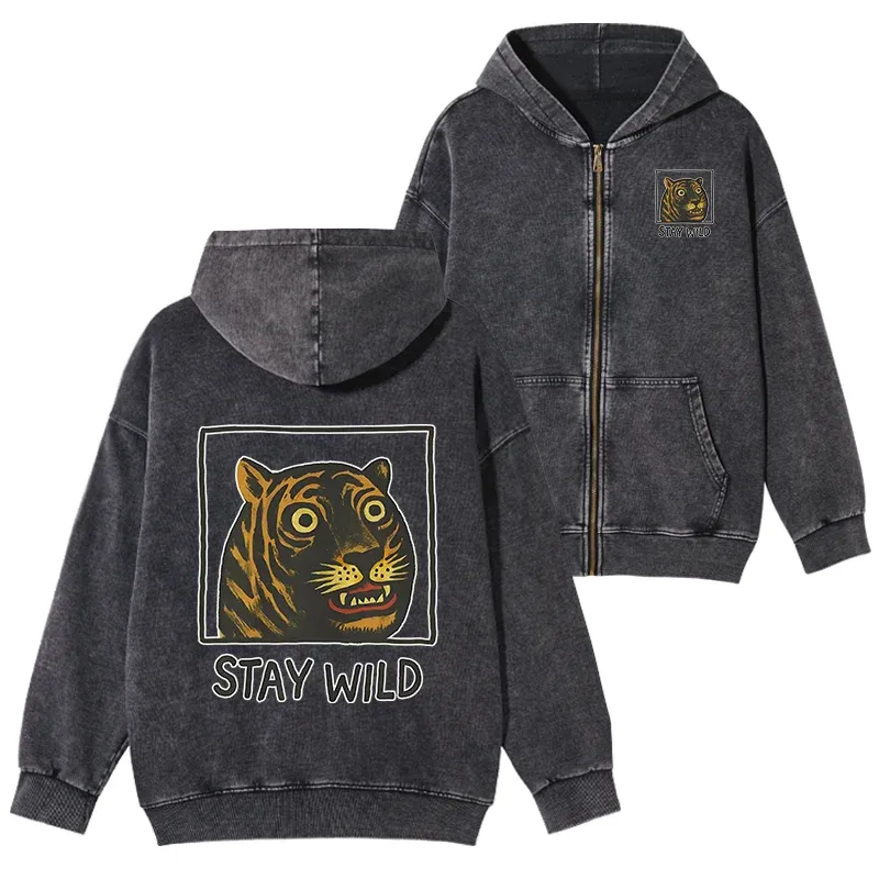 Tokyo-Tiger Silly And Cute Tiger Washed Zip Hoodie