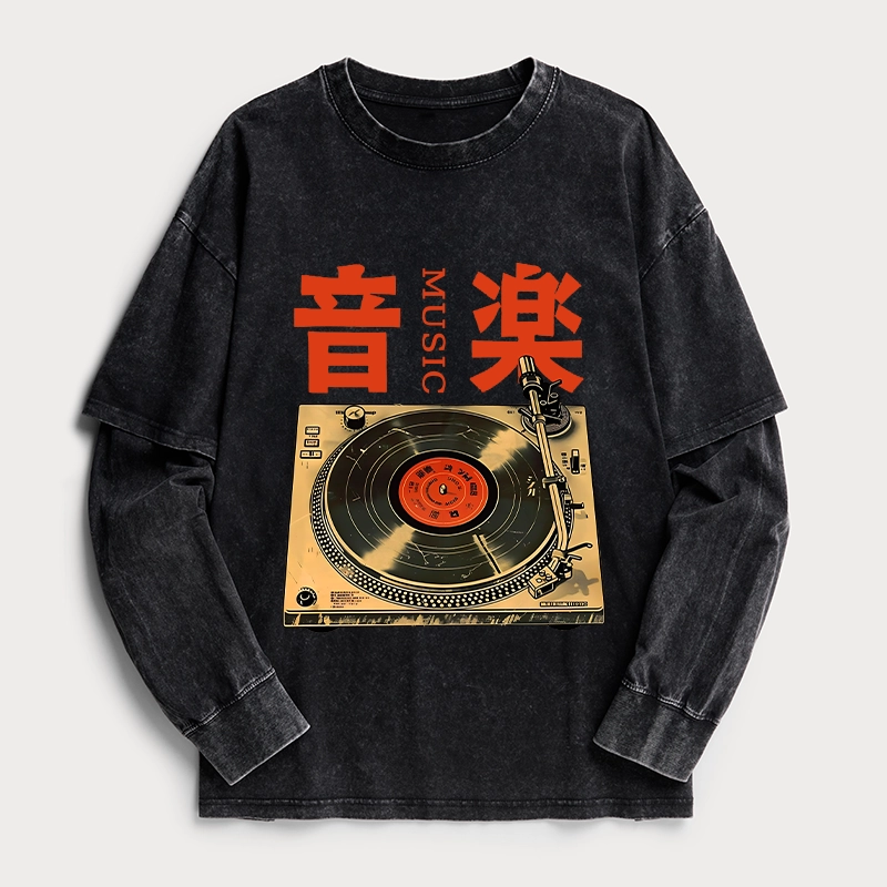 Tokyo-Tiger Retro Music Record Player Washed Double Layer T-Shirt