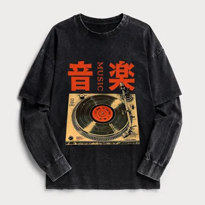 Tokyo-Tiger Retro Music Record Player Washed Double Layer T-Shirt