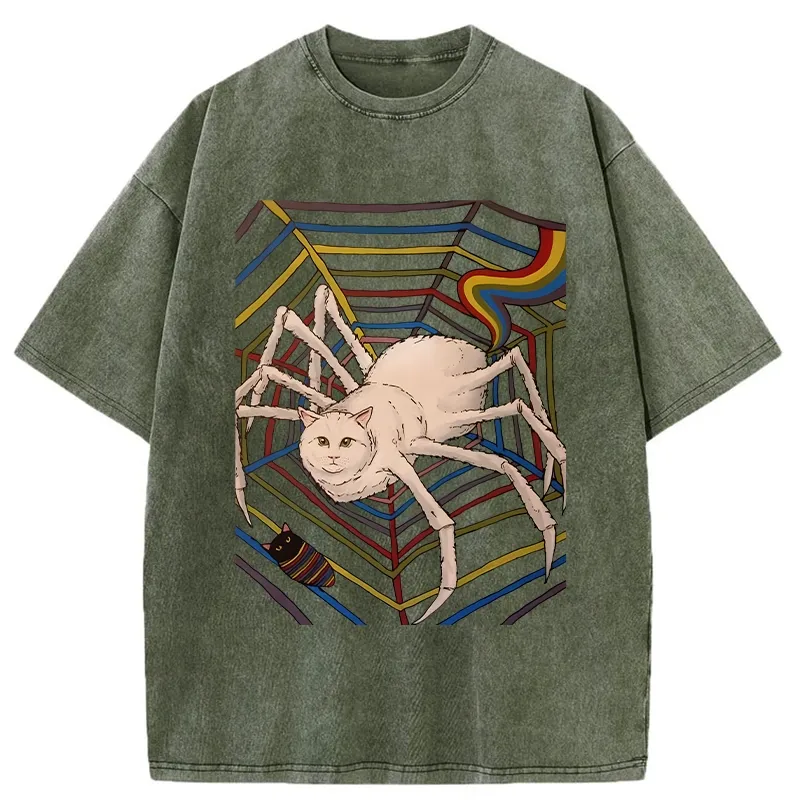 Tokyo-Tiger Funny Spider Cat Washed T-Shirt Sale