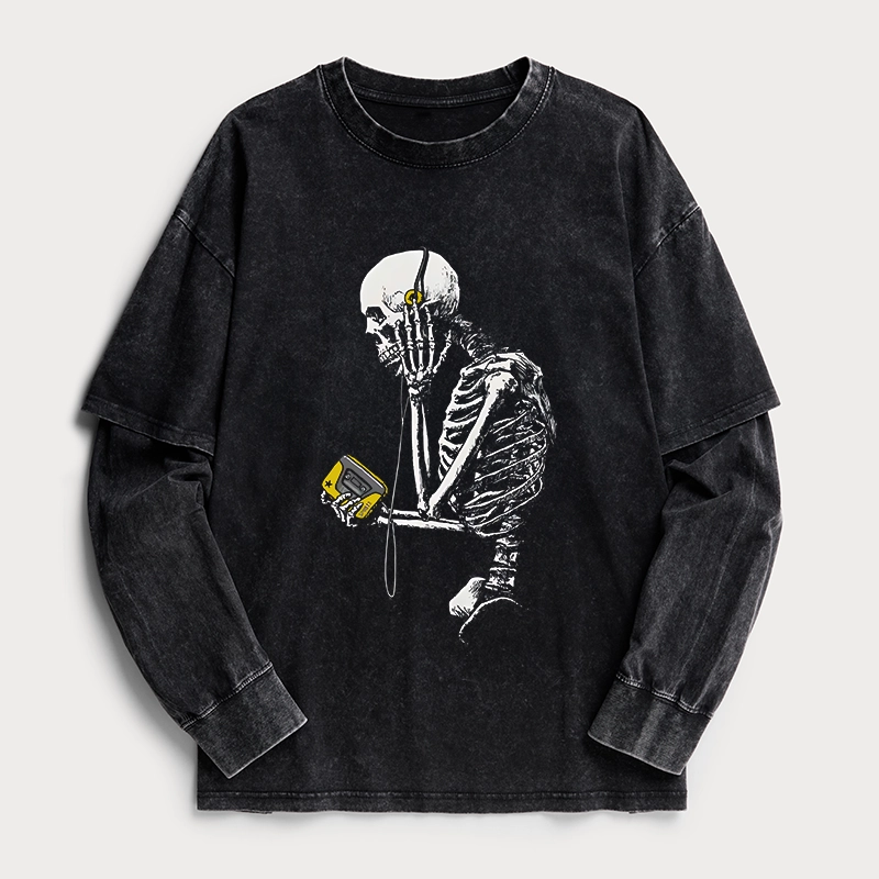 Tokyo-Tiger Skeleton Listening To Music Washed Double Layer T-Shirt