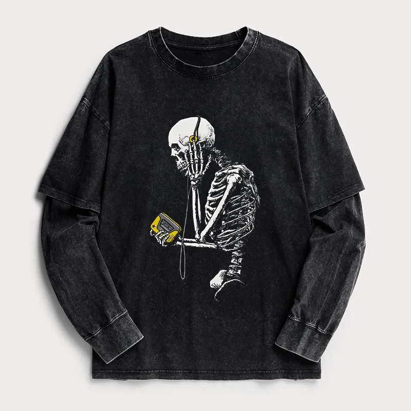 Tokyo-Tiger Skeleton Listening To Music Washed Double Layer T-Shirt