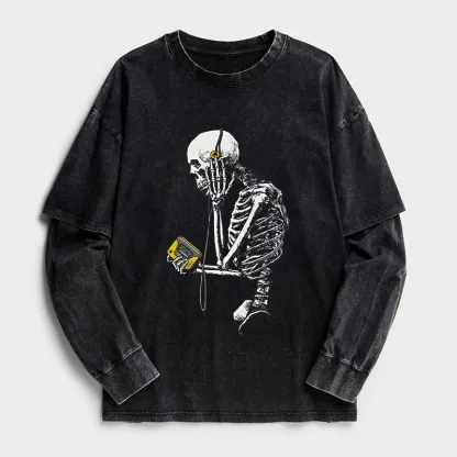 Tokyo-Tiger Skeleton Listening To Music Washed Double Layer T-Shirt